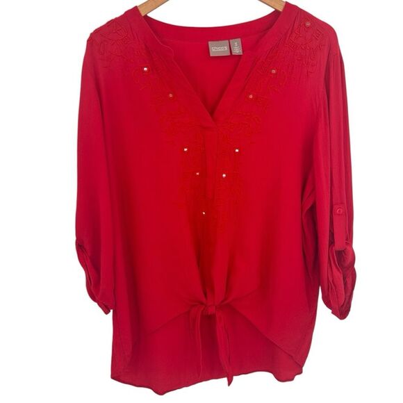 Chicos red embellished tie front blouse size xlarge - Picture 1 of 6